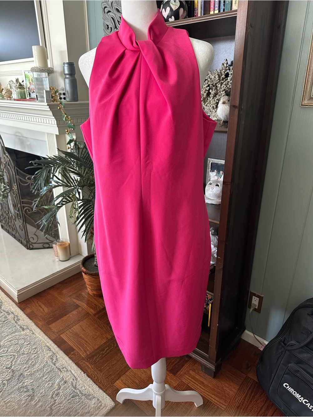 Black Halo Hot Pink Twisted Mock Neck/Halter Sheath Dress